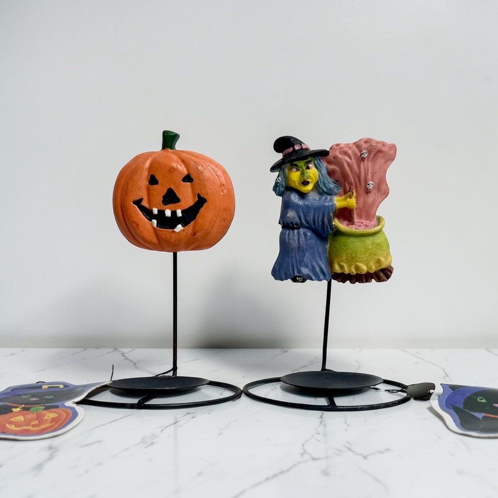 Vintage 90s Halloween Witch Jack o Lantern Whimsical Resin Candle Holders NWT